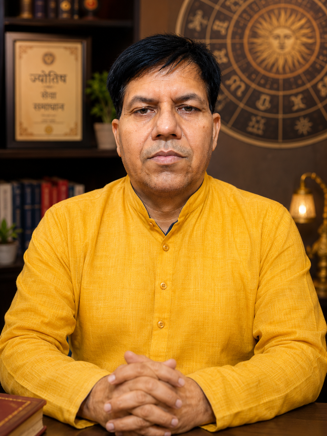 Dilip Kumar Sharma, professional astrologer, at his consultation desk in Agra